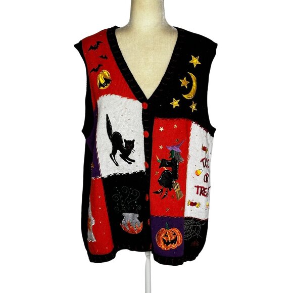 Vintage Halloween Sweater Vest Black Cat Witch Pumpkin Basic Editions Plus 2X - Picture 1 of 11